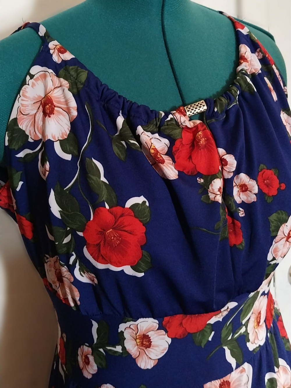 Navy Floral Sleeveless Sundress with Red & Blush Flowers Dress